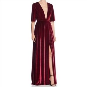 Red Velvet Plunging Neckline Maxi Wrap Dress